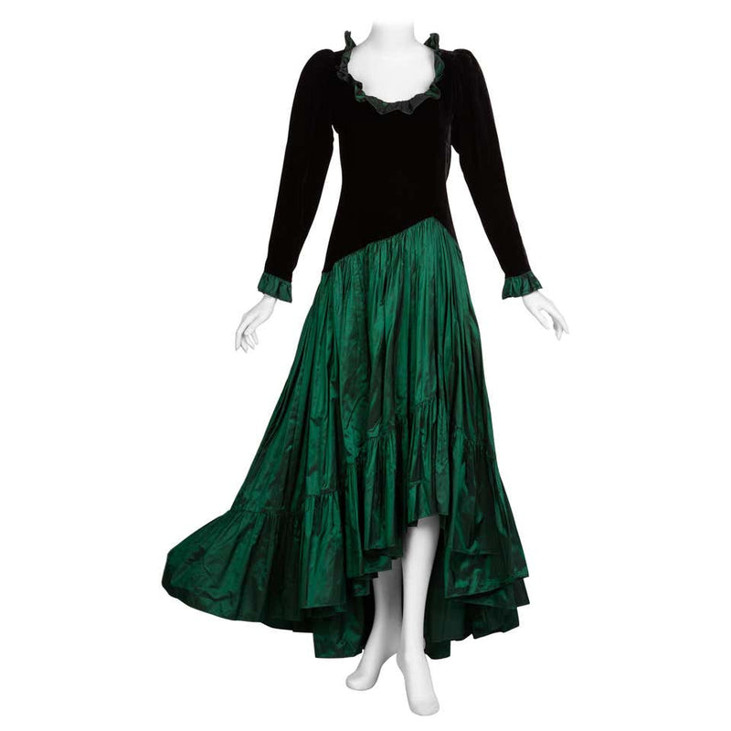 Saint Laurent Emerald Green Velvet Silk Taffeta Ruffle Dress YSL, 1980s