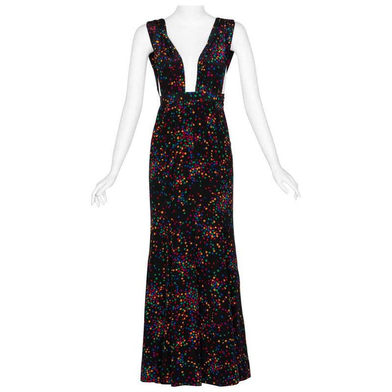 Yves Saint Laurent Black Silk Confetti Dots Plunge Maxi Dress YSL, 1984