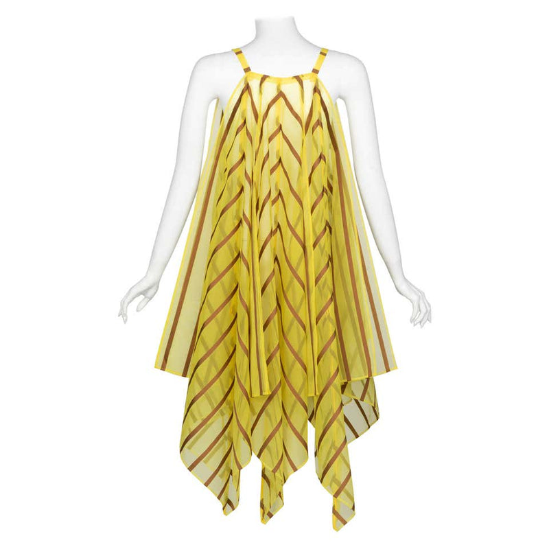 Issey Miyake Yellow Organza Brown Striped  Dress