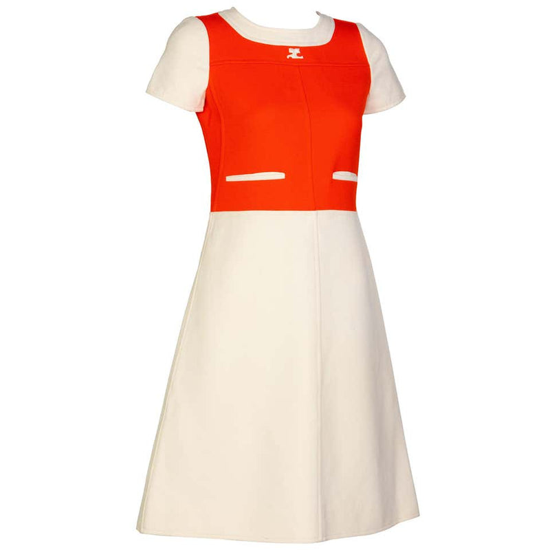 Courrges Numbered Couture Creme Orange Mod a Line Dress, 1960s Basha Gold Courrges Numbered Couture Creme Orange Mod a Line Dress, 1960s Basha Gold