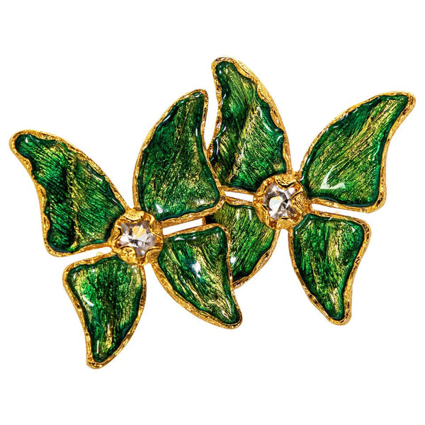 Yves Saint Laurent Green Enamel Crystal Butterfly Earrings YSL, 1993