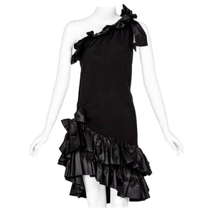 Yves Saint laurent Black Taffeta Ruffle One Shoulder Bow Dress YSL, 1990s