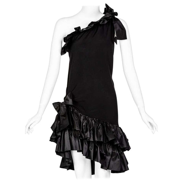Yves Saint laurent Black Taffeta Ruffle One Shoulder Bow Dress YSL, 1990s
