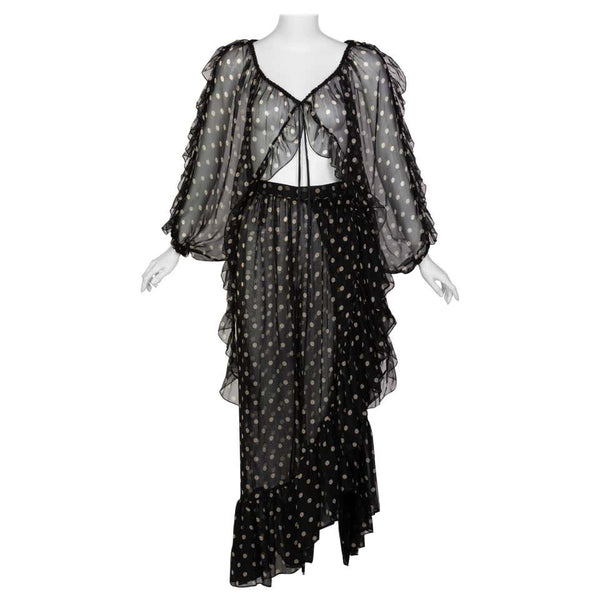 Yves Saint Laurent Black Beige Polka Dot Ruffle Jacket Top Skirt Set, YSL 1980s