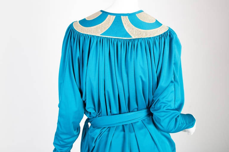 1970s Bill Tice Turquoise & Gold Gathered Jersey Dolman Sleeve Top & Pants Set
