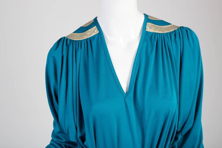 1970s Bill Tice Turquoise & Gold Gathered Jersey Dolman Sleeve Top & Pants Set