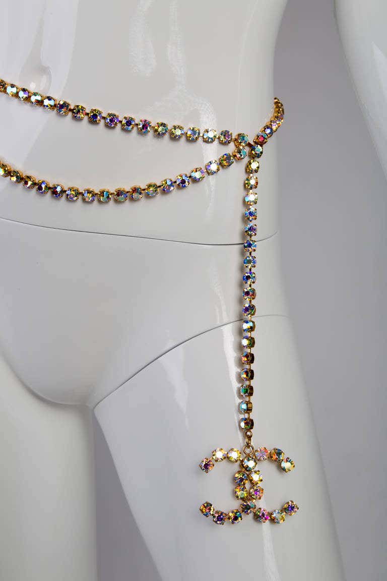 1995 Vintage Runway Chanel Iridescent Rhinestone CC Chain Belt