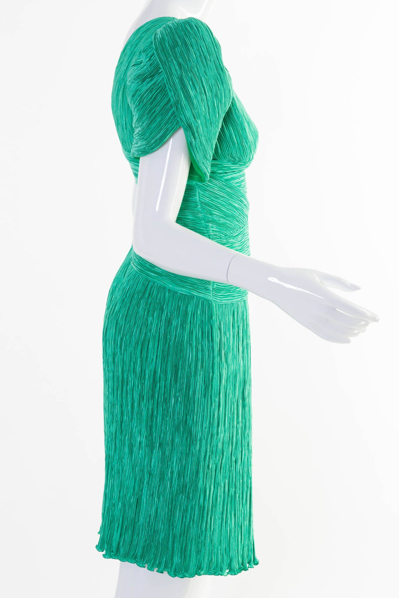 1980s Mary McFadden Couture Green Pleated Sculpted Short Sleeve Dress