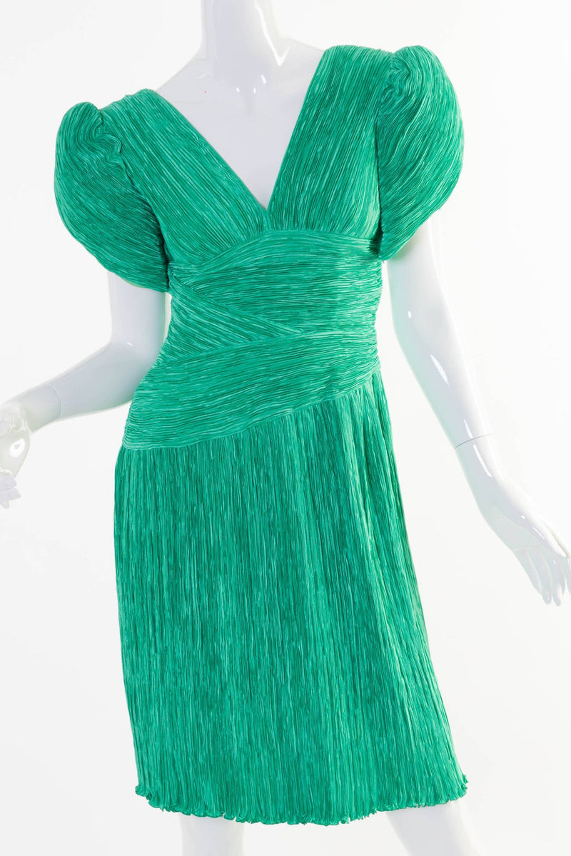 1980s Mary McFadden Couture Green Pleated Sculpted Short Sleeve Dress