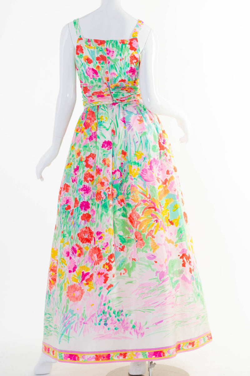 1990s Leonard Paris Multicolor Floral Silk  Maxi Dress Gown