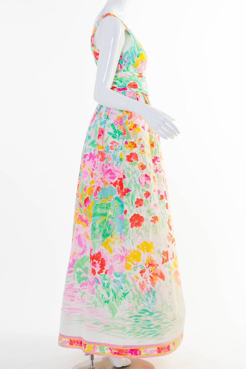 1990s Leonard Paris Multicolor Floral Silk  Maxi Dress Gown