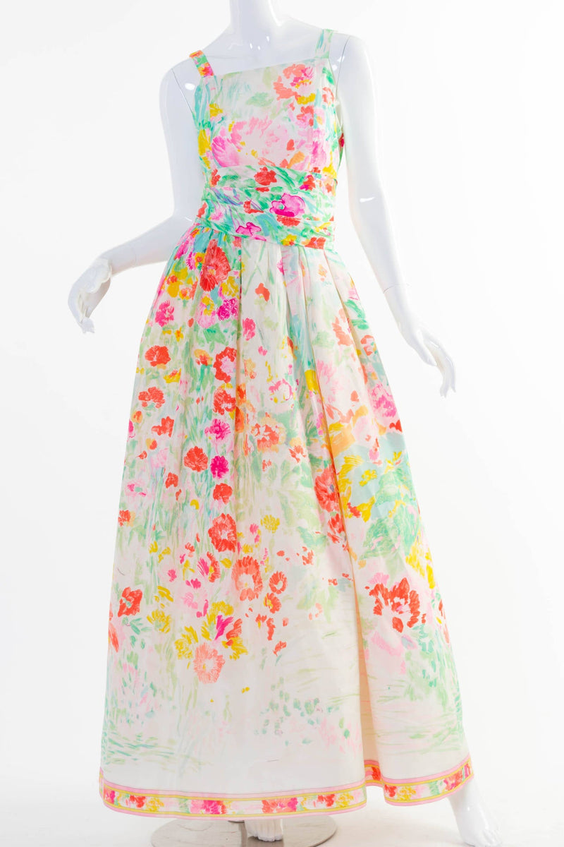 1990s Leonard Paris Multicolor Floral Silk  Maxi Dress Gown