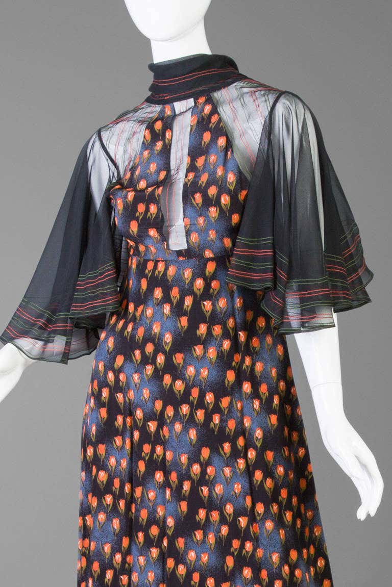 Jean Varon 1960s Bell Sleeve Tulip Print Maxi Dress