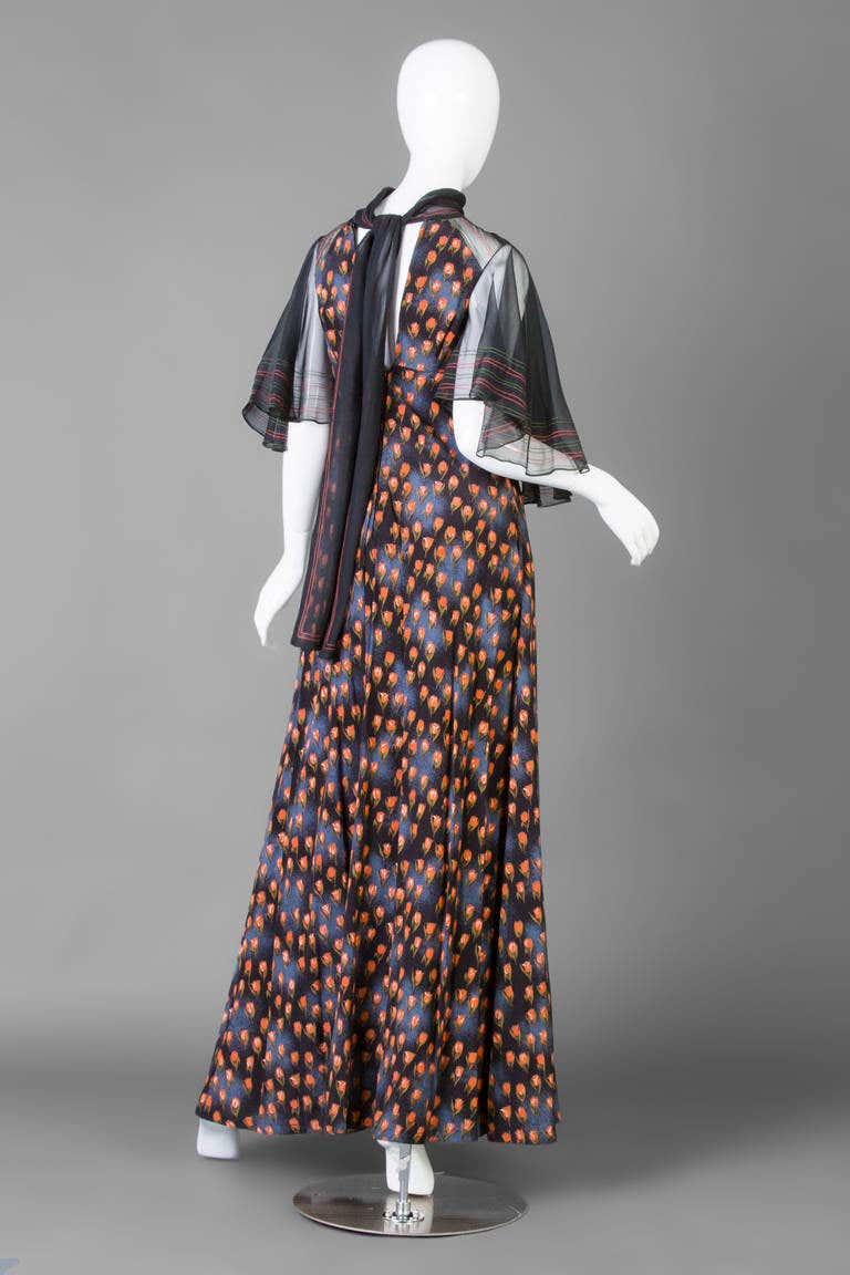 Jean Varon 1960s Bell Sleeve Tulip Print Maxi Dress