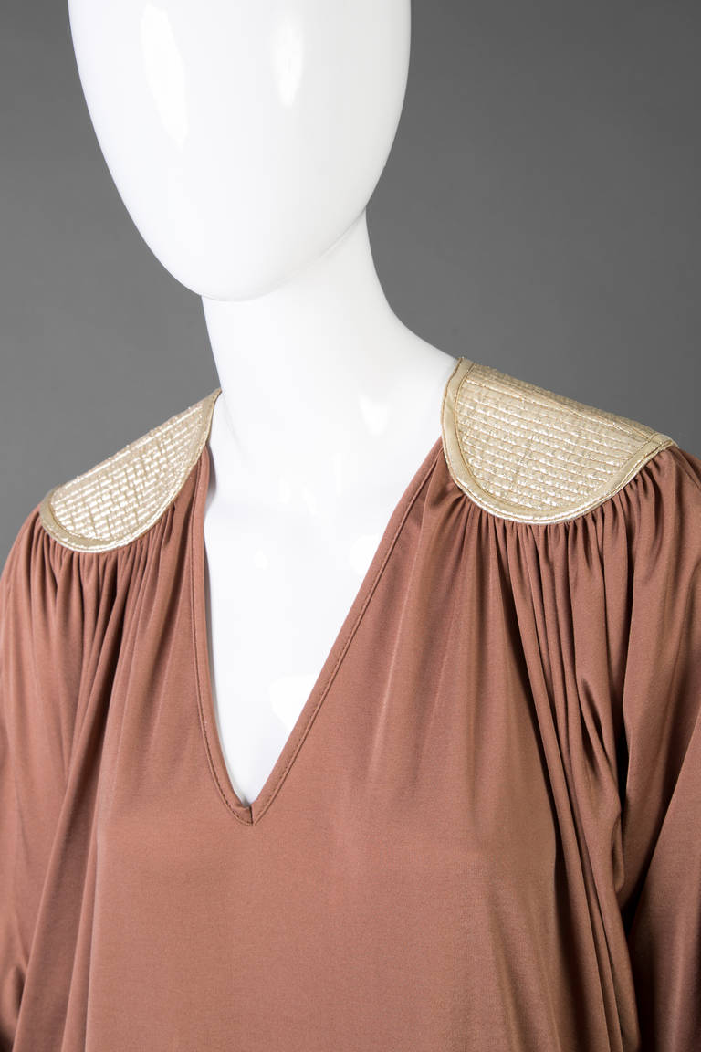 Vintage Bill Tice 1970s Light Brown and Gold Caftan with Side Slit