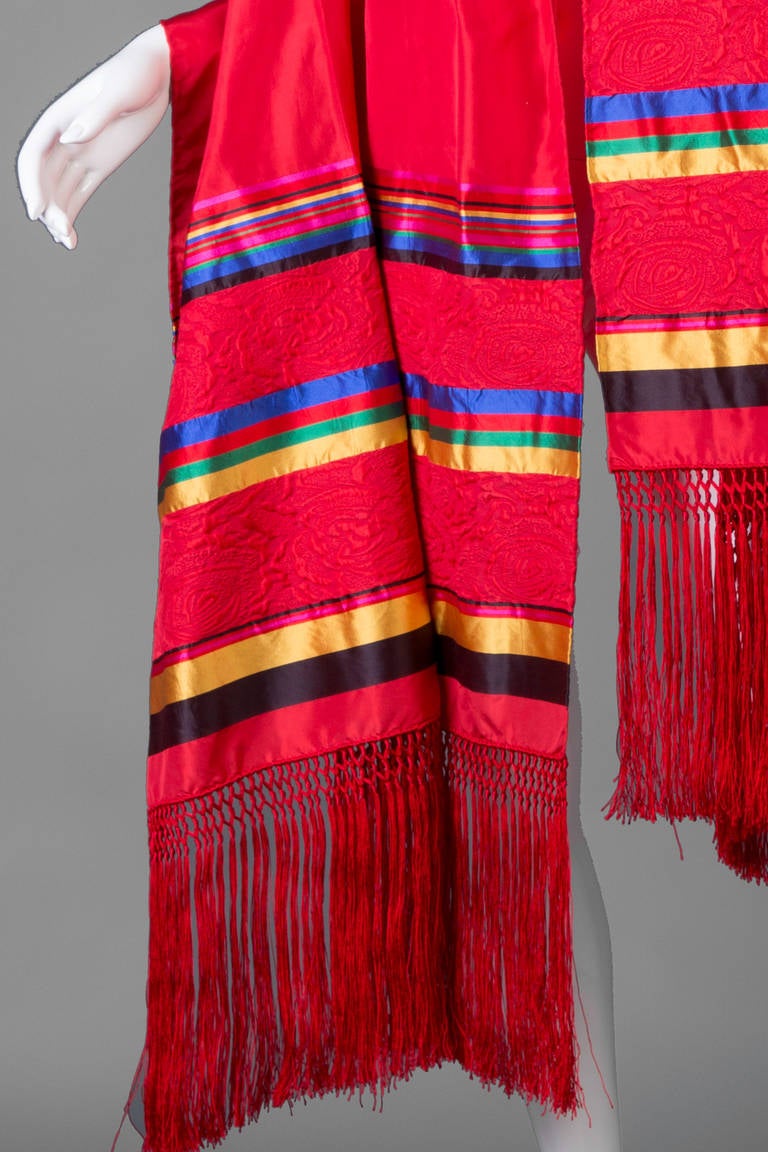 Vintage Yves Saint Laurent Red Silk Stripe Fringe Shawl Scarf Evening Wrap YSL