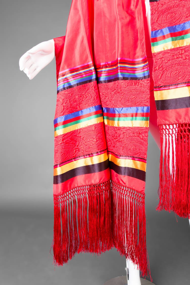 Vintage Yves Saint Laurent Red Silk Stripe Fringe Shawl Scarf Evening Wrap YSL