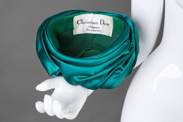 1960s Christian Dior Emerald Green Silk Satin Turban Hat