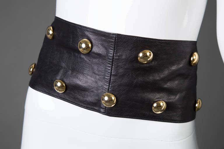 Vintage Yves Saint Laurent Black Leather Gold Stud Sash Belt Documented 1989