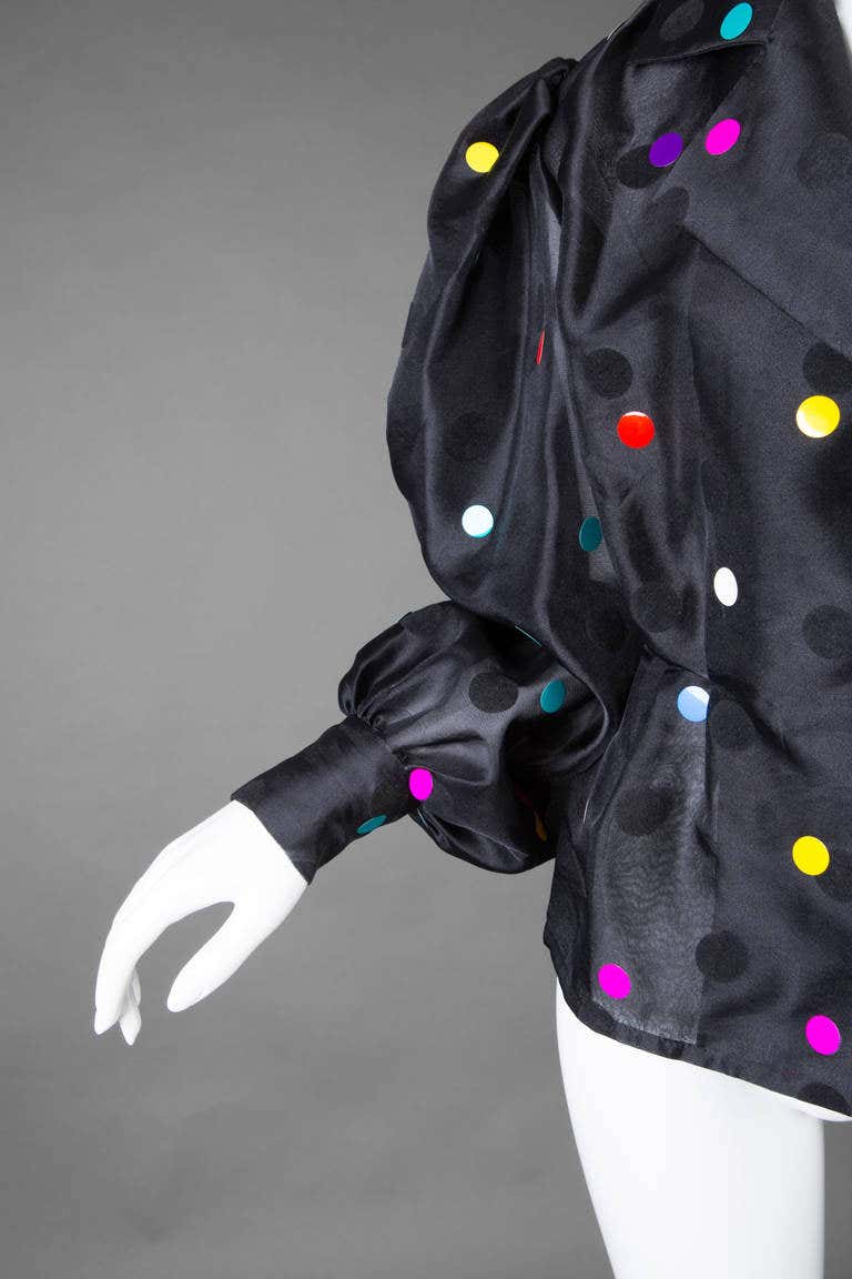 Givenchy Boutique Vintage Black Organza Colorful Paillettes Polka Dots Blouse