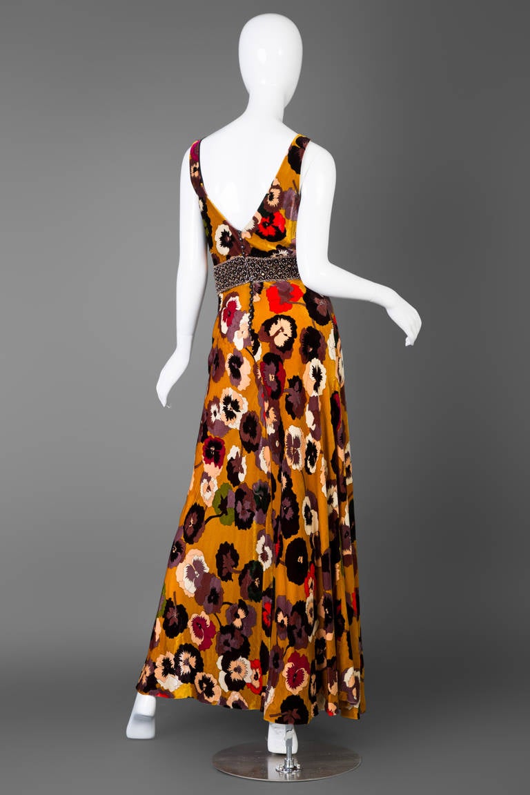 Missoni Silk velvet Pansy Print Crystal Waist Embellishment Dress 1930s Style