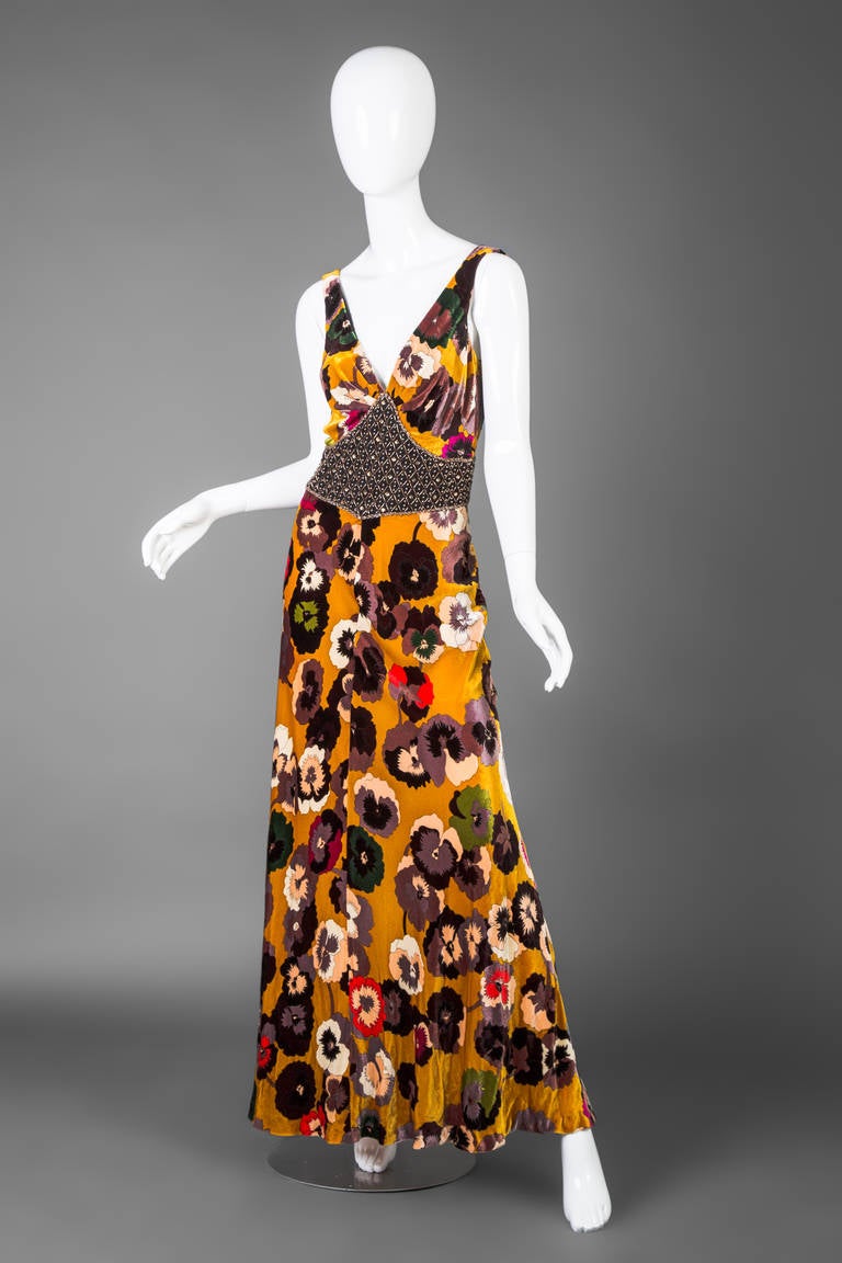 Missoni Silk velvet Pansy Print Crystal Waist Embellishment Dress 1930s Style