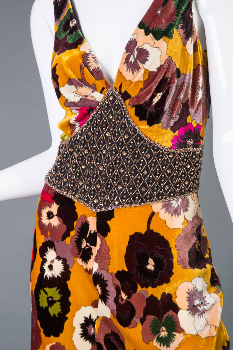 Missoni Silk velvet Pansy Print Crystal Waist Embellishment Dress 1930s Style