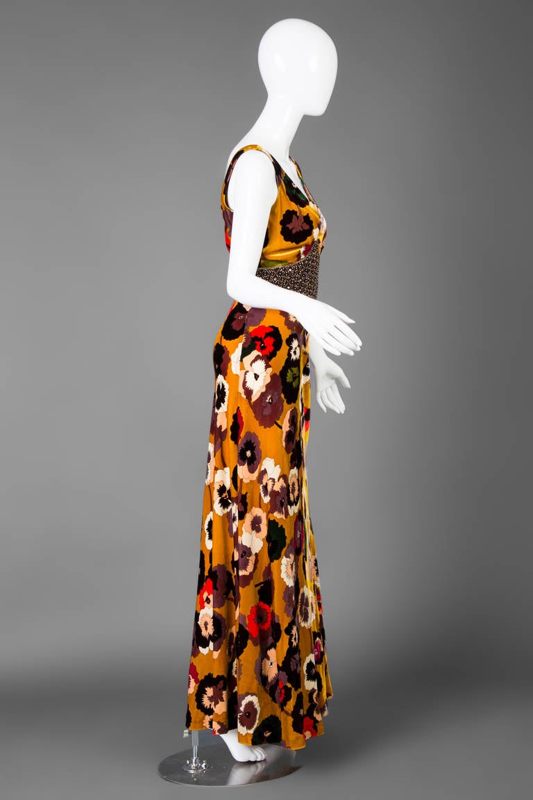 Missoni Silk velvet Pansy Print Crystal Waist Embellishment Dress 1930s Style