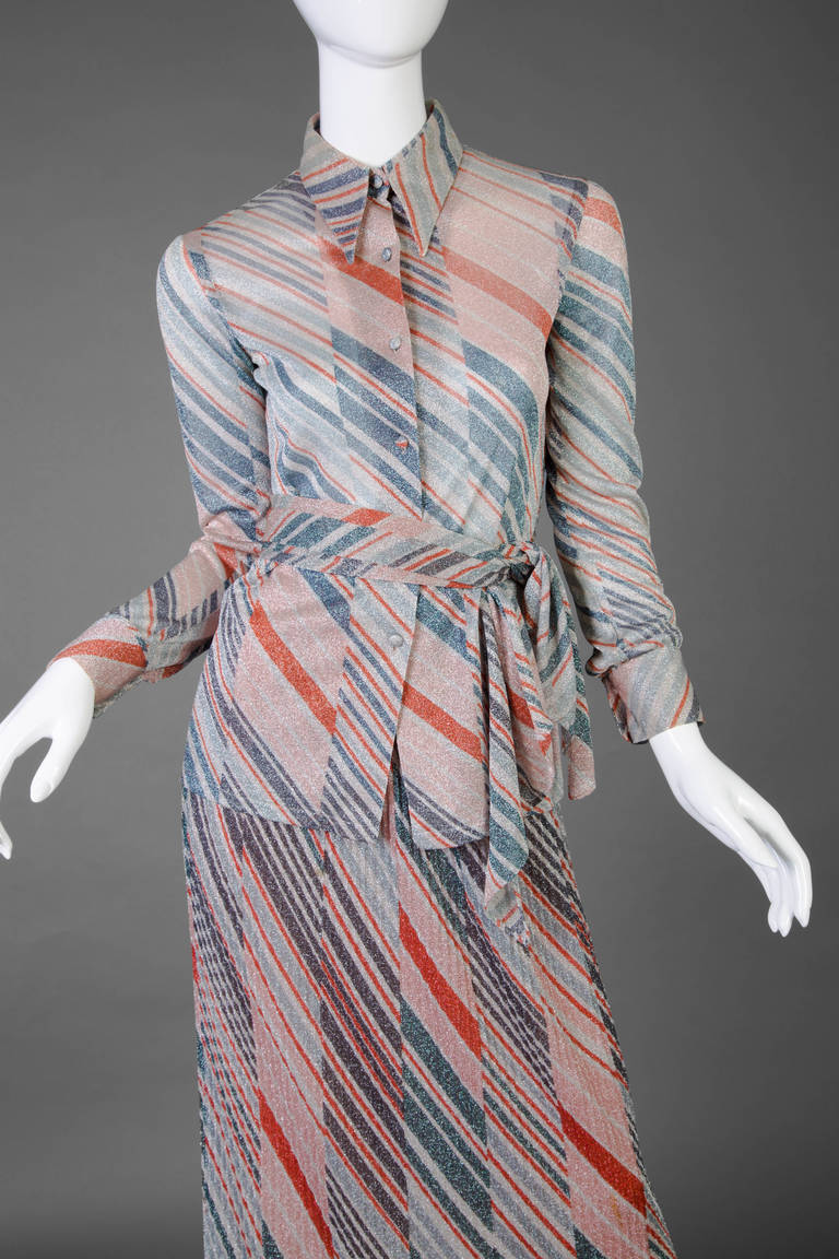 1970s Missoni Diagonal Stripe Lurex Illusion Maxi Skirt and Blouse Set
