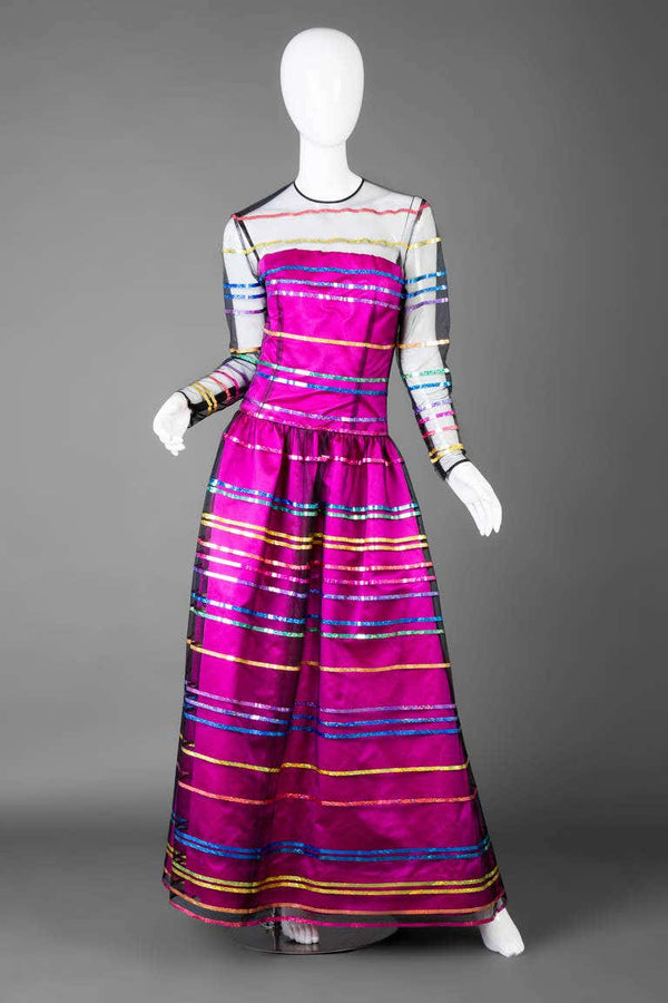 Fall 1991 Runway Givenchy Boutique Black Mesh Magenta Satin Evening Gown