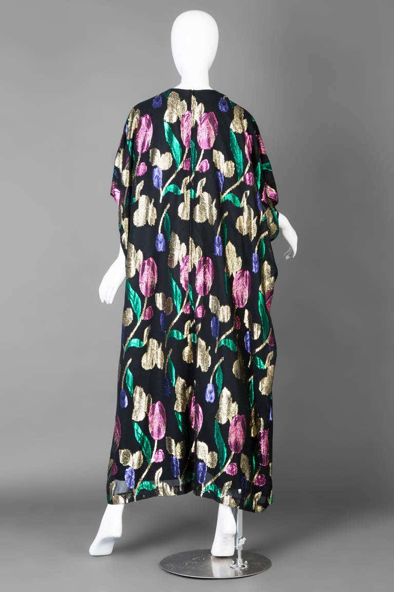 Stunning Vintage Black with Pink, Green and Gold Metallic Floral Caftan Dress