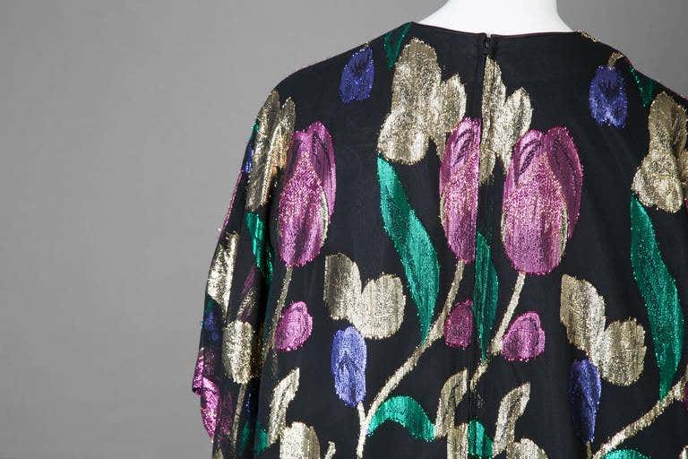 Stunning Vintage Black with Pink, Green and Gold Metallic Floral Caftan Dress