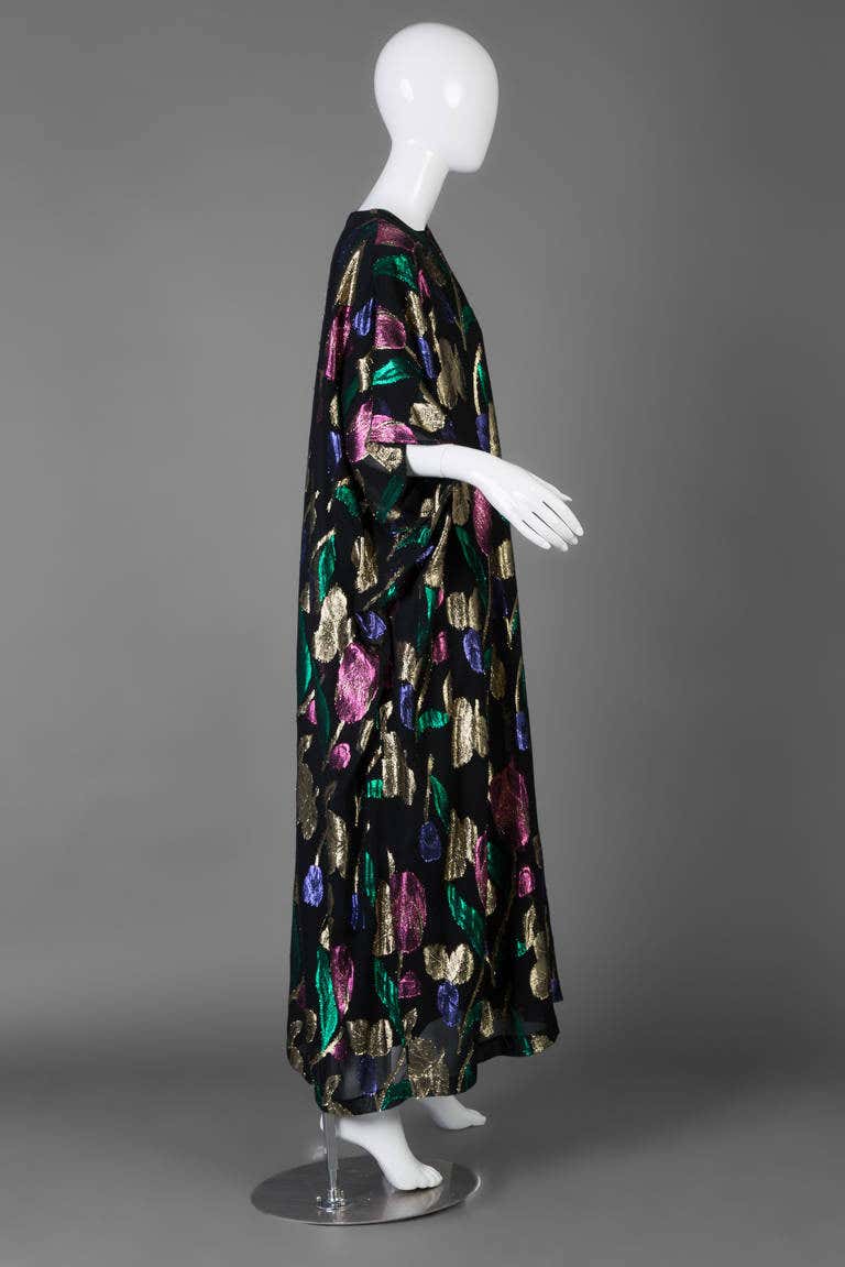 Stunning Vintage Black with Pink, Green and Gold Metallic Floral Caftan Dress