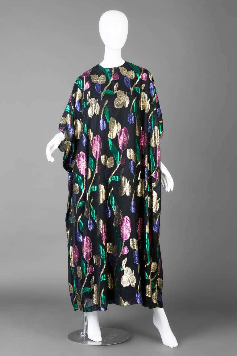 Stunning Vintage Black with Pink, Green and Gold Metallic Floral Caftan Dress