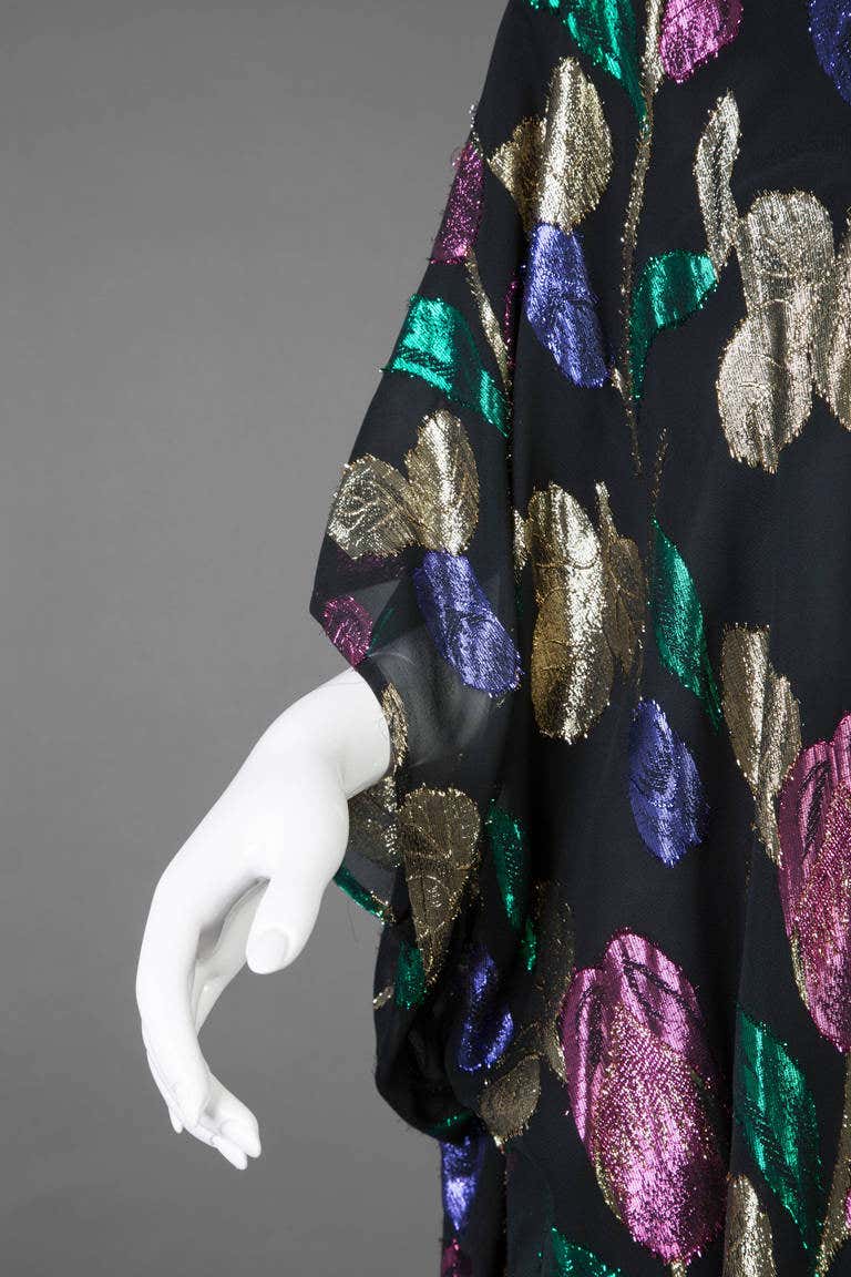Stunning Vintage Black with Pink, Green and Gold Metallic Floral Caftan Dress
