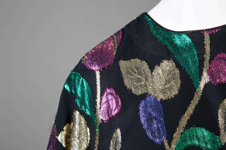 Stunning Vintage Black with Pink, Green and Gold Metallic Floral Caftan Dress