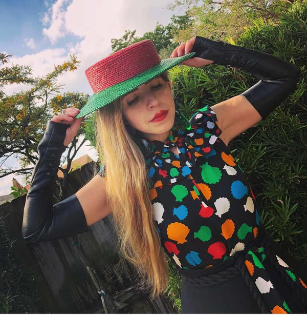 1980s Yves Saint Laurent YSL Vintage Glossy Red and Green Straw Hat
