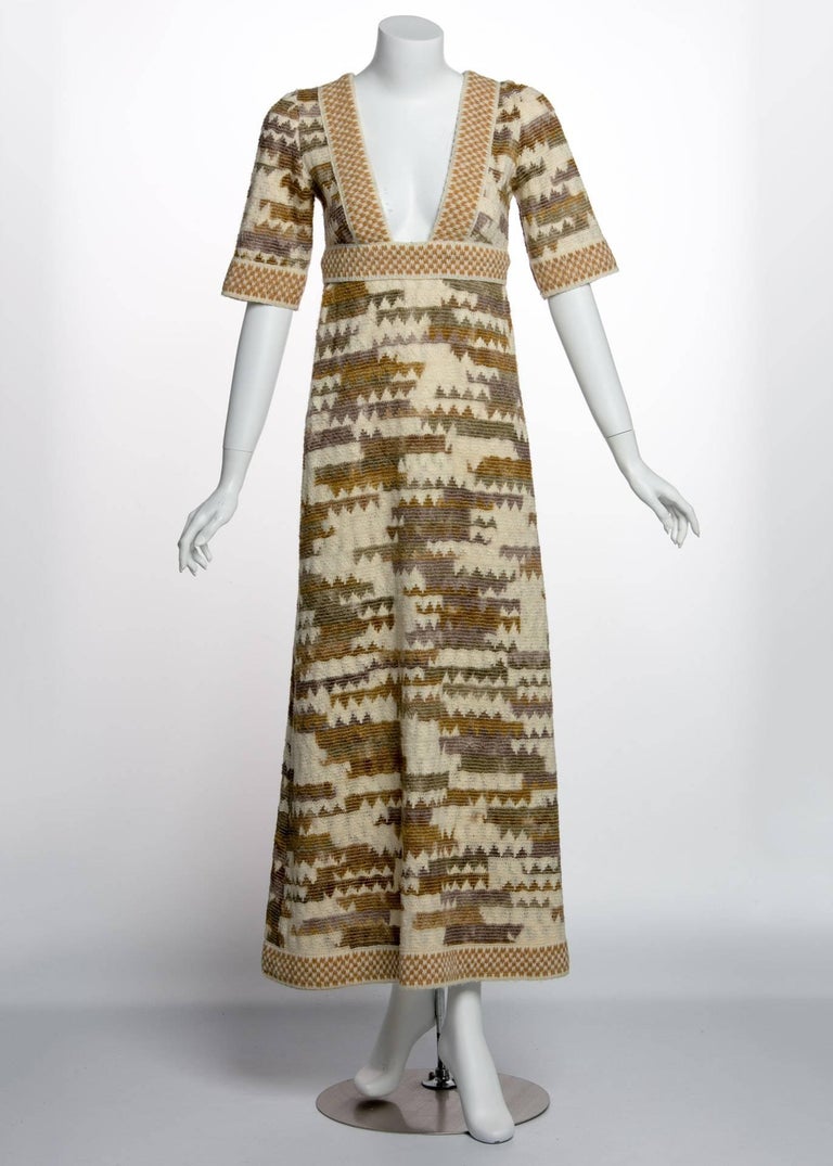 1970s Jean Varon Ombre Geometric Wool Knit Bohemian Low-Cut Plunge Maxi Dress