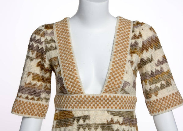 1970s Jean Varon Ombre Geometric Wool Knit Bohemian Low-Cut Plunge Maxi Dress