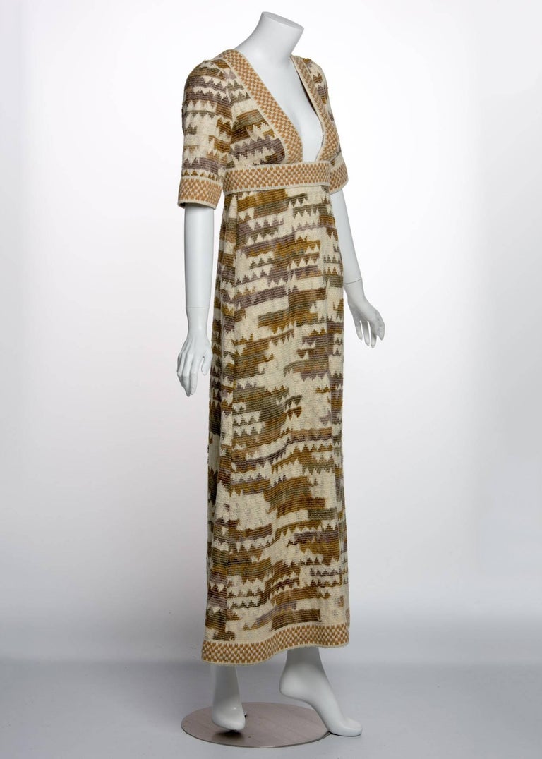 1970s Jean Varon Ombre Geometric Wool Knit Bohemian Low-Cut Plunge Maxi Dress