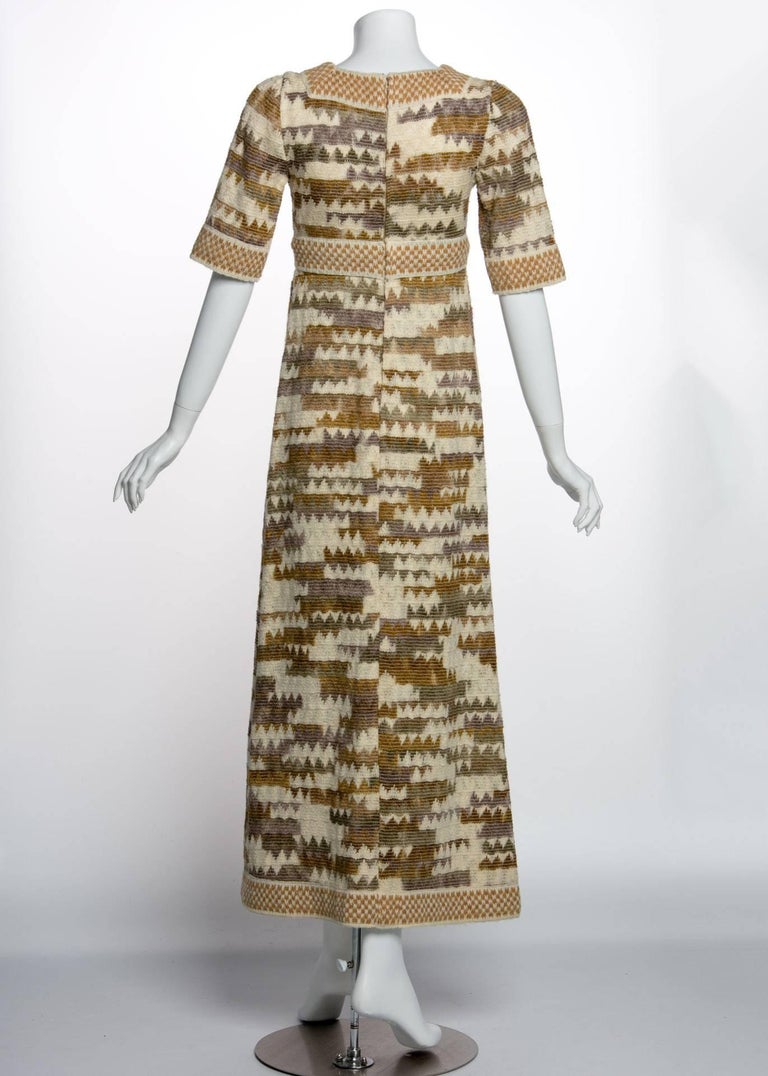 1970s Jean Varon Ombre Geometric Wool Knit Bohemian Low-Cut Plunge Maxi Dress
