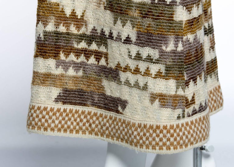 1970s Jean Varon Ombre Geometric Wool Knit Bohemian Low-Cut Plunge Maxi Dress