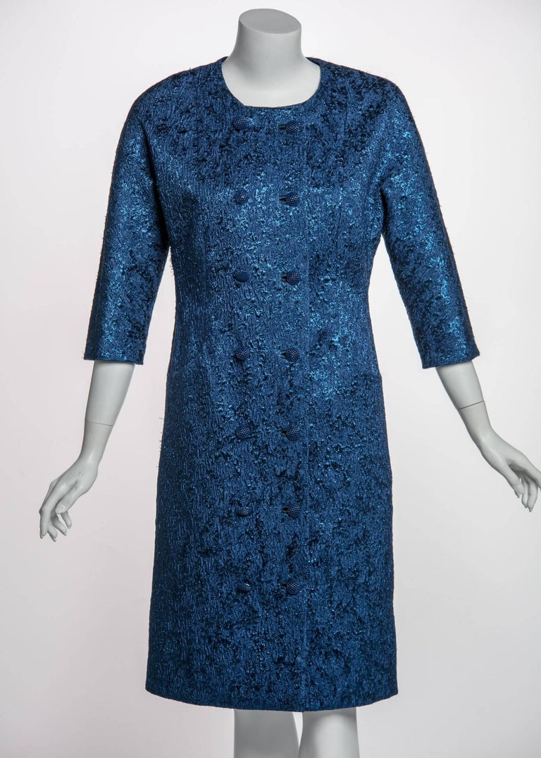 Balenciaga Edition Couture Sapphire Blue Matelassé Princess Seam Evening Coat