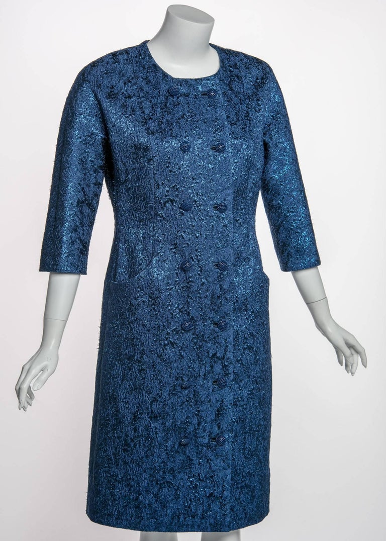 Balenciaga Edition Couture Sapphire Blue Matelassé Princess Seam Evening Coat