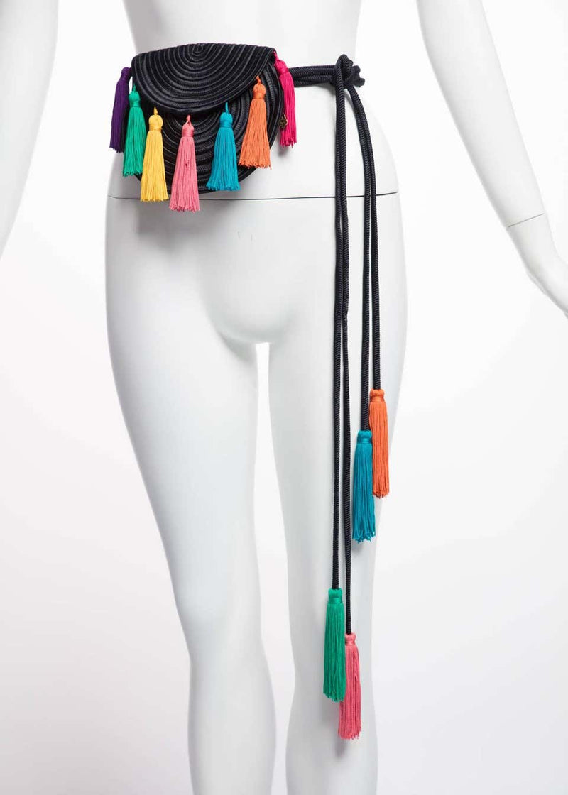 1990s Yves Saint Laurent Black Passementerie Tassel Shoulder Belt Bag YSL
