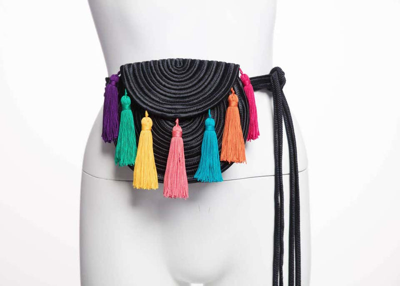 1990s Yves Saint Laurent Black Passementerie Tassel Shoulder Belt Bag YSL