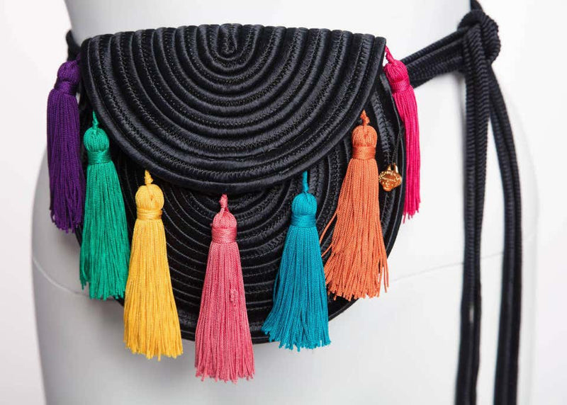 1990s Yves Saint Laurent Black Passementerie Tassel Shoulder Belt Bag YSL