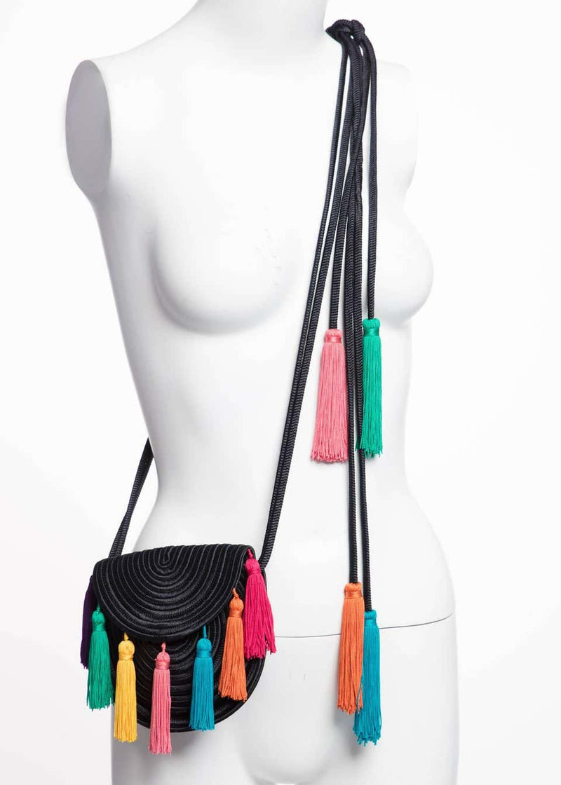 1990s Yves Saint Laurent Black Passementerie Tassel Shoulder Belt Bag YSL