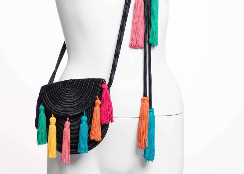 1990s Yves Saint Laurent Black Passementerie Tassel Shoulder Belt Bag YSL