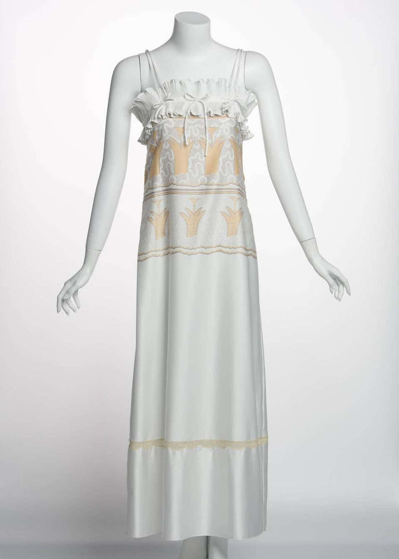 1970s Zandra Rhodes Silky Satin Screen Print Pleats & Bows Lingerie Slip Dress